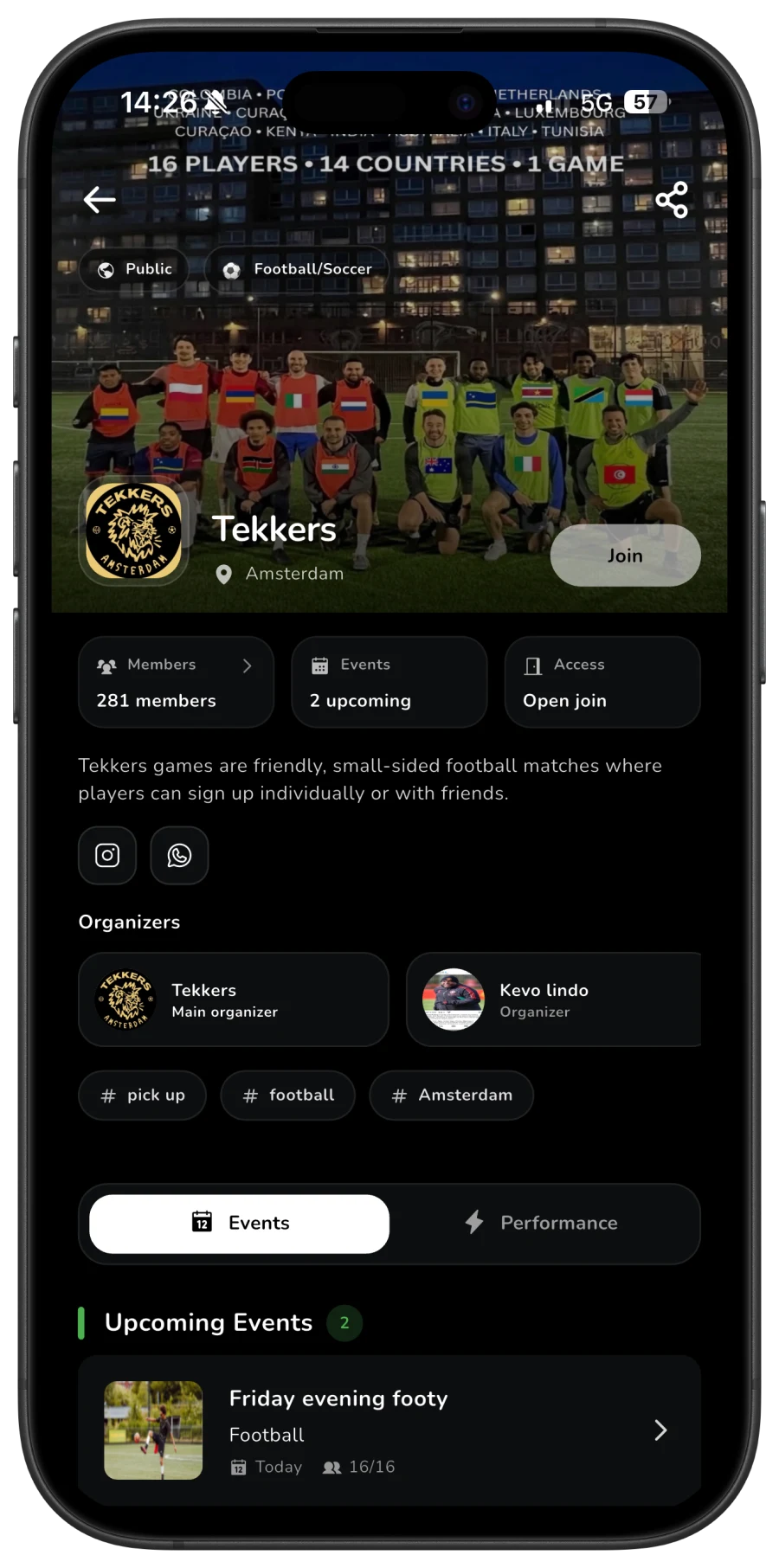 Tekkers-communityscherm voor Voetbal